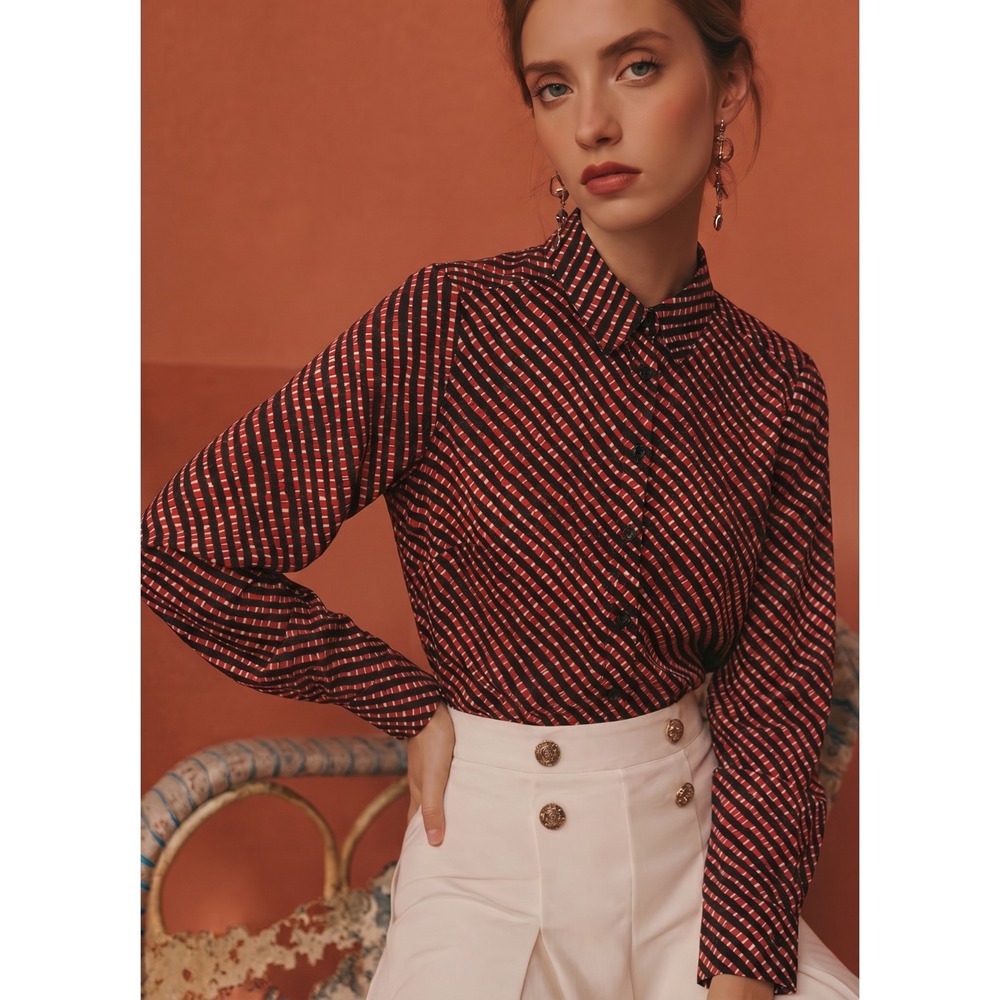 NWOT Benetton Women's XS Black Red Long Sleeve Button Up Shirt Casual Top